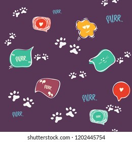 Doodle cat paw seamless background. Purr. Abstract cat paw vector seamless pattern for card, invitation, poster, banner, placard, diary, album, sketch book cover etc. Domestic animal.