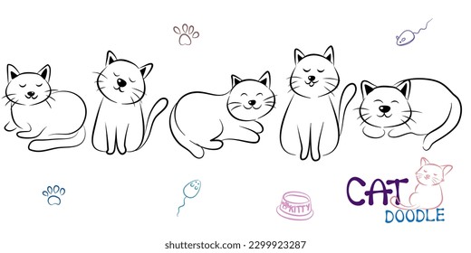 El gato doodle posa. Conjunto de vectores de lenguaje corporal de gato. Ilustración de gato mascota, lindo gatito a rayas