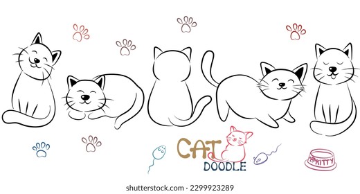 El gato doodle posa. Conjunto de vectores de lenguaje corporal de gato. Ilustración de gato mascota, lindo gatito a rayas