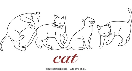 Doodle Cat posa. La caricatura de grasa roja estriba las emociones y el comportamiento de los gatos. El gatito de mascotas es juguetón, durmiente y asustado. Conjunto de vectores de lenguaje corporal de gato. Ilustración de gato mascota, lindo gatito a rayas