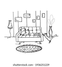 Doodle cat in the room sharpens its claws on the sofa on a white background.Vector composition can be used for coloring pages,book illustrations.