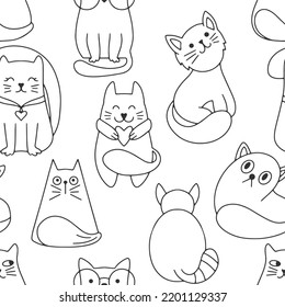 Doodle cat seamless pattern isolated. Hand drawn art line. Sketch animal. Coloring page book. Vector stock illustration. EPS 10