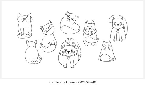 Doodle cat set clip art. Hand drawn art line. Sketch animal. Coloring page book. Vector stock illustration. EPS 10