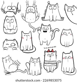 Doodle cat set. Funny cartoon character. Vector illustration.