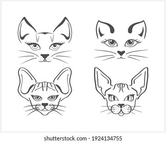 Doodle cat set icon isolated on white. Outline hand drawing art line. Sketch logo animal. Vector stock illustration. EPS 10