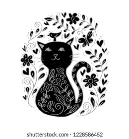 Doodle of cat sitting in the flowers.
