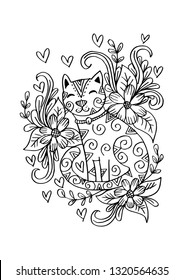 Doodle of cat sitting in the flowers.	