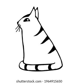 Doodle cat sitting in profile on a white background.Vector cat can be used in textiles, postcards, and packaging.