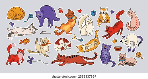 Doodle cat stickers. Cute cartoon kittens with funny emotions, happy comic pets with different faces and cat poses. Vector colorful kitten set.