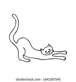Doodle cat stretches back, sharpens claws, black and white illustration on white background. Cute animal vector