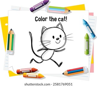 A doodle cat surrounded by colorful crayons