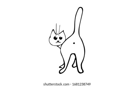 doodle cat turn around. cute clip art. black and white. copy space. horizontal