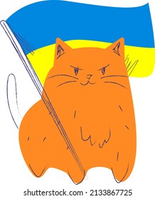 Doodle cat with Ukrainian flag. Vetor. Orange cat. Ukrainian