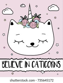 Doodle cat with unicorn horn. Caticorn. Modern postcard, print design template. Inspirational greeting card.