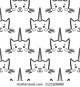 Doodle Katze Einhornmuster. Nahtloser Hintergrund mit Kätzchen, Einfarbskizze. Schwarze Linie Kunstsymbol. Cute Cartoon Kinder Design. Rahmenzeichnung minimaler Stil.