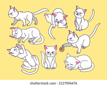 Doodle cat in various actions, cute colorful doodle, cartoon style