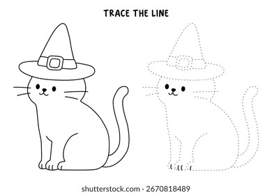 Doodle cat wearing witch hat coloring pages for kids. Trace and color cat wearing witch hat. Fun halloween activity coloring page for kids printable. Cute cat wearing witch hat  clipart, icon vector.