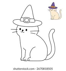Doodle gato con sombrero de bruja para colorear páginas para niños. Gato de rastro y color con sombrero de bruja. Divertida actividad de halloween para colorear para niños imprimible. Gato lindo que lleva el Clipart del sombrero de la bruja, Vector del icono.