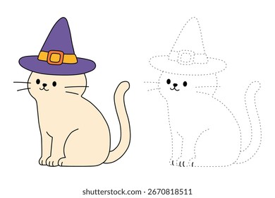 Doodle gato con sombrero de bruja para colorear páginas para niños. Gato de rastro y color con sombrero de bruja. Divertida actividad de halloween para colorear para niños imprimible. Gato lindo que lleva el Clipart del sombrero de la bruja, Vector del icono.