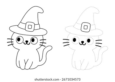 Doodle cat wearing witch hat coloring pages for kids. Trace and color cat wearing witch hat. Fun halloween activity coloring page for kids printable. Cute cat wearing witch hat  clipart, icon vector.