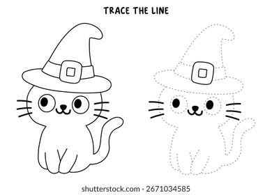 Doodle gato con sombrero de bruja para colorear páginas para niños. Gato de rastro y color con sombrero de bruja. Divertida actividad de halloween para colorear para niños imprimible. Gato lindo que lleva el Clipart del sombrero de la bruja, Vector del icono.