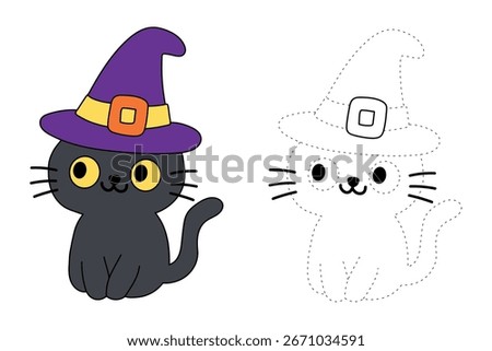 Doodle cat wearing witch hat coloring pages for kids. Trace and color cat wearing witch hat. Fun halloween activity coloring page for kids printable. Cute cat wearing witch hat  clipart, icon vector.