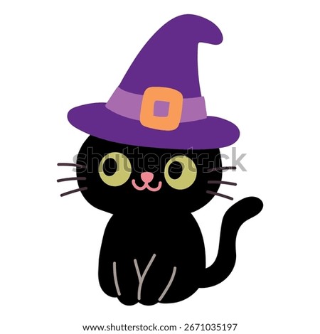 Doodle cat wearing witch hat isolated on white background. Balck cat wearing witch hat clipart, icon, element, printable vector. Cute cat wearing witch hat sticker for halloween day.