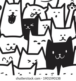 Doodle Cats Black And White Vector Seamless Pattern
