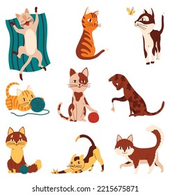 Doodle cats. Cute and funny pets vector set. Cartoon kitten characters design collection color in different style and poses. Adorable animal sleeping, stretching itself, playing with ball of yarn