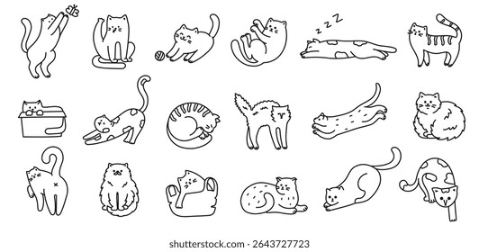 Doodle cats. Cute kitten, hand drawn linear cat characters in various poses sitting, sleeping, playing and jumping. Pet animal line art isolated vector illustration set.