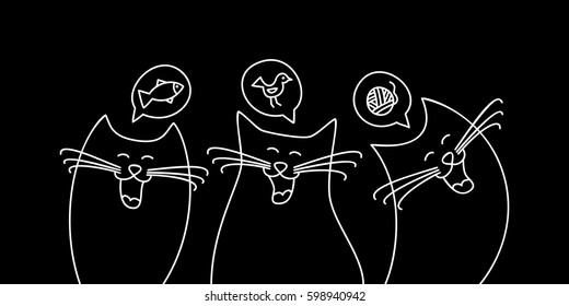 Doodle cats. Cute kitties dreaming of tasty food and fun toys. Coloring book, pet shop, cat food advertisement. Hand drawn black white animal banner. Graphic design element. Vector illustration.