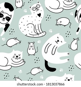 Doodle cats and cute mouses seamless pattern. Scandinavian children`s background with kitties and rats. Can be used for packaging, wallpaper, textiles.
