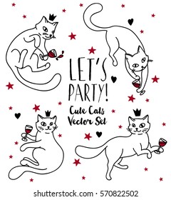 doodle cats drinking wine, black, white and red colors, set of vector illustrations