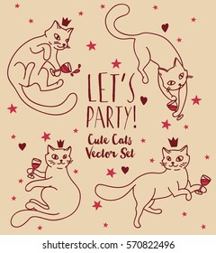 doodle cats drinking wine, retro palette, set of vector illustrations