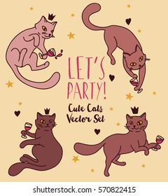 doodle cats drinking wine, set of vector illustrations