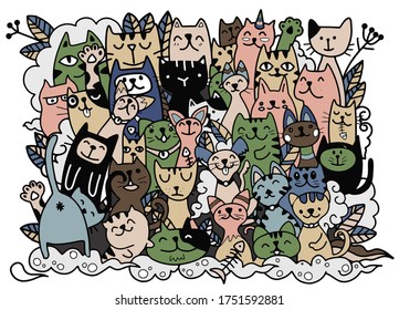 gatos garrapatas frente a fondo colorido, vector de tracción manual, garrapatas estilo garrafa doodles 