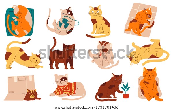 Doodle cats. Funny home pets walking sleeping playing
and stretching, purebred cartoon domestic animals collection.
Cheerful fluffy adorable kitten in different poses vector modern
simple isolated set