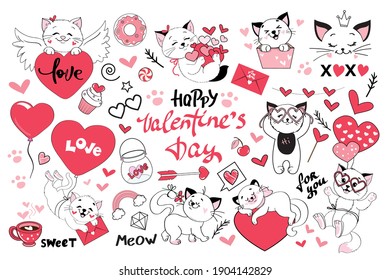 Doodle cats, hand drawn funny animals. Collection for Valentine's Day. Characters with hearts, balloon and lettering