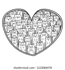 Doodle cats in hand drawn heart shape coloring page. Black and white kawaii pattern for antistress coloring book. Valentine’s Day mandala. Vector illustration