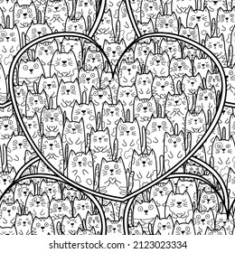 Doodle cats in hand drawn heart shape black and white seamless pattern for coloring book. Kawaii outline background. Cute coloring page for adults and kids. Vector illustration