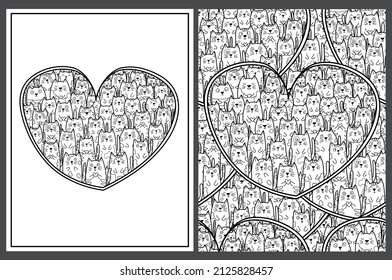 Doodle cats in hand drawn heart shape coloring pages set. Black and white kawaii pattern for antistress coloring book. Valentine’s Day mandala. Vector illustration