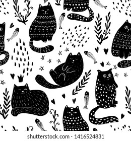 Doodle Cats Hand Drawn Seamless Pattern Design. Kids and Baby Fashion Vector Textile Texture. Ink Drawing with Textures, Flourishes and Funny Cats.