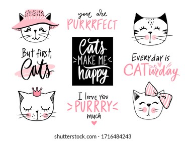 Doodle Cats illustration and kitten quotes, meow lettering. Cute vector set with funny hipster pets, fashion kitty phrases in sketch style. Collection for stickers, clothes print, home decor.