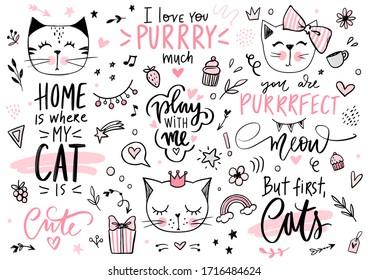 Doodle Cats illustration and kitten quotes, meow lettering. Cute vector set with funny hipster pets, fashion kitty phrases in sketch style. Collection for stickers, clothes print, home decor.