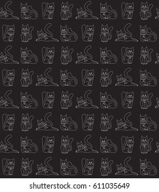 Doodle cats kitten pets cute black and white animals seamless vector pattern