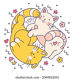 Doodle cats in love, vector image. Cute stylized feline yin yang sign