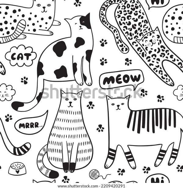 Doodle
cats on a white background. Childish vector illustration with pets,
speech bubbles, short phrases and paws.  It can be used for
textile, wallpaper, fabric, wrapping, apparel.
