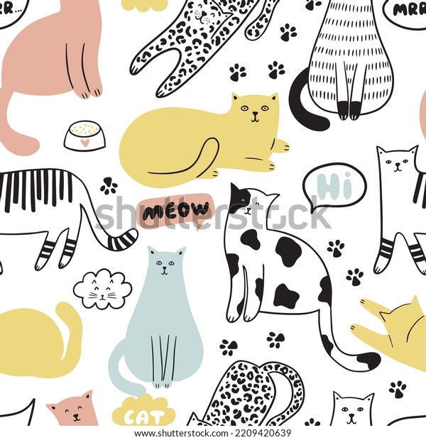 Doodle\
cats on a white background. Childish vector illustration with pets,\
speech bubbles, short phrases and paws.  It can be used for\
textile, wallpaper, fabric, wrapping, apparel.\
