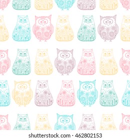 Doodle cats and owls. Vector seamless pattern with hand drawn bird and kitten. Cute childish background. Outline. Color animals on white background.