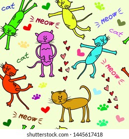 Doodle cats pattern. Kids background with cartoon cats, hearts, meow, other elements. Seamless vector illustration for decor and layout design
